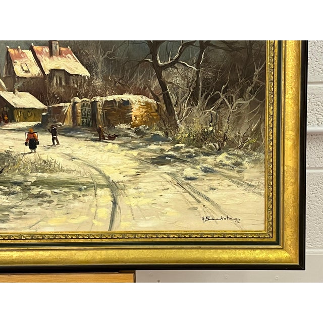 European Village in Winter Snow with Figures & Frozen Pond by German Artist 1972 For Sale - Image 15 of 18