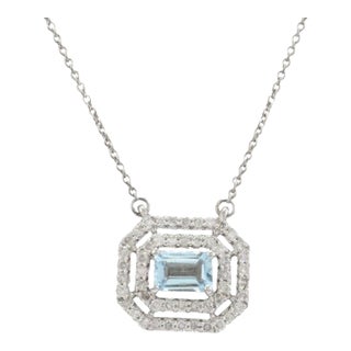Double Halo Diamond Accents With Natural Aquamarine 14k Gold Necklace For Sale
