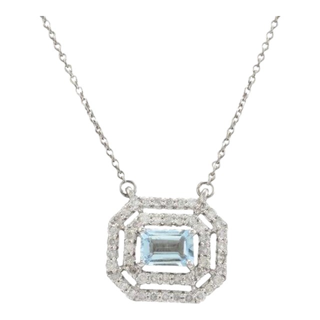 Double Halo Diamond Accents With Natural Aquamarine 14k Gold Necklace For Sale