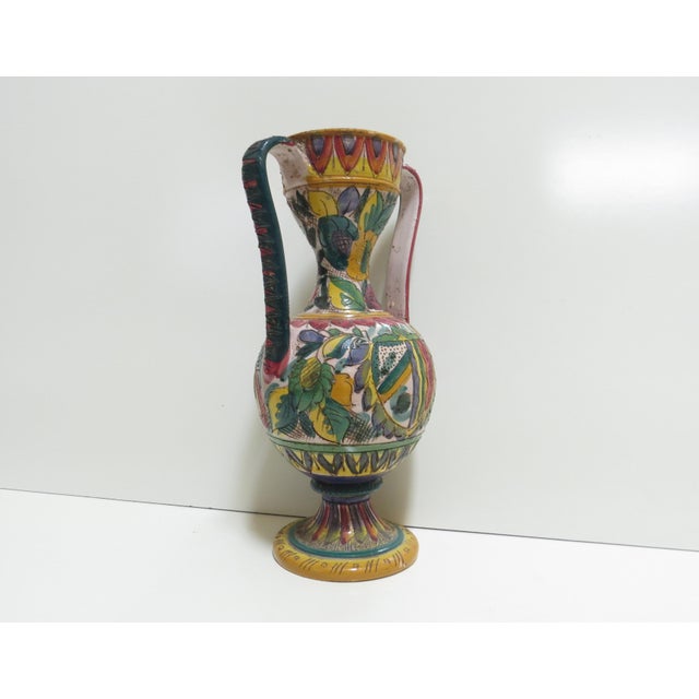Vintage Orvieto Hand-Painted Italian Majolica Vase. Tall, slender, with scrolling sculptural handles.