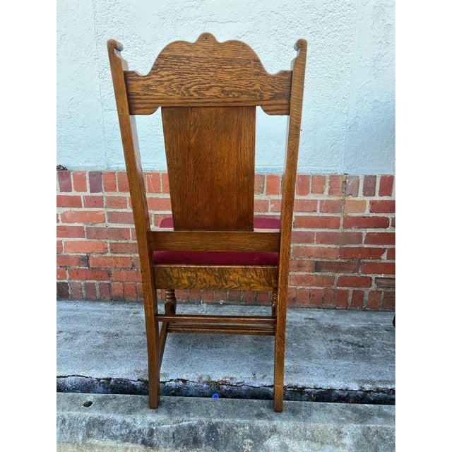 Brown Pair of Antique Jacobean Style Solid Tiger Oak Needlepoint Dining Chairs, 19th Century For Sale - Image 8 of 11