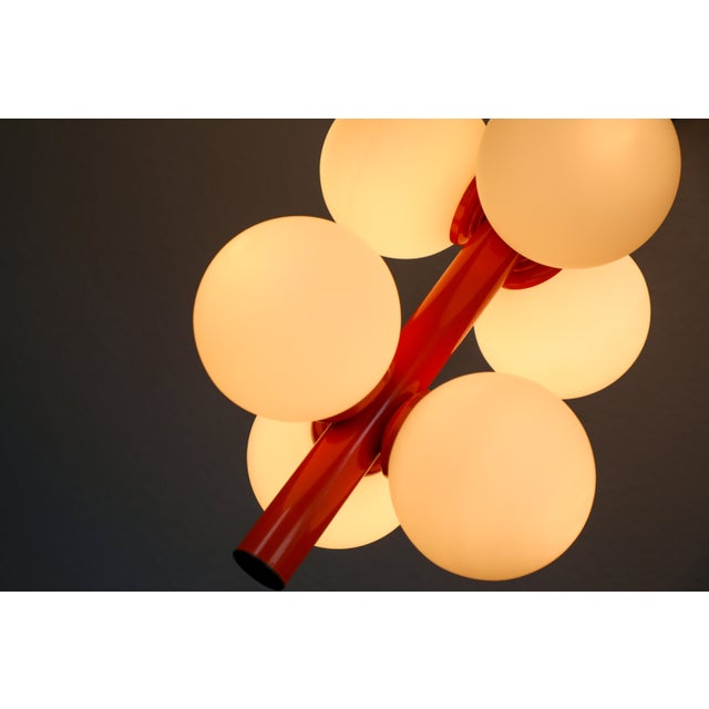 Atomic Sputnik Pendant Light with Orange Rod and White Opaline Globes from Kaiser-Leuchten, 1970s For Sale - Image 11 of 18