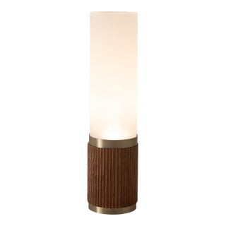 Tambo Cylindro 18" Petite Accent Table Lamp - Dark Walnut, Weathered Brass, Frosted Acrylic, Dimmer Switch For Sale