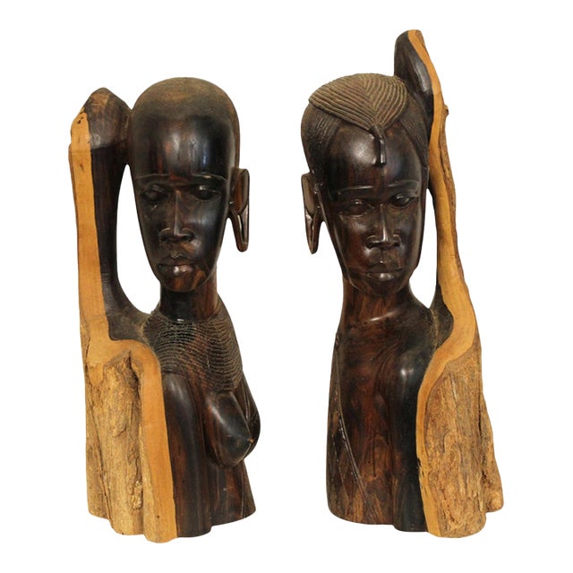 Mid 20th Century Maasai Warrior Hand Sculpted Busts - Set of 2 For Sale