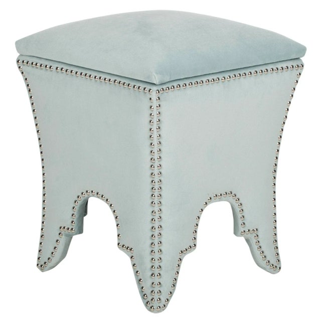 Modern Studded Ottoman in Silver Sage For Sale - Image 3 of 5