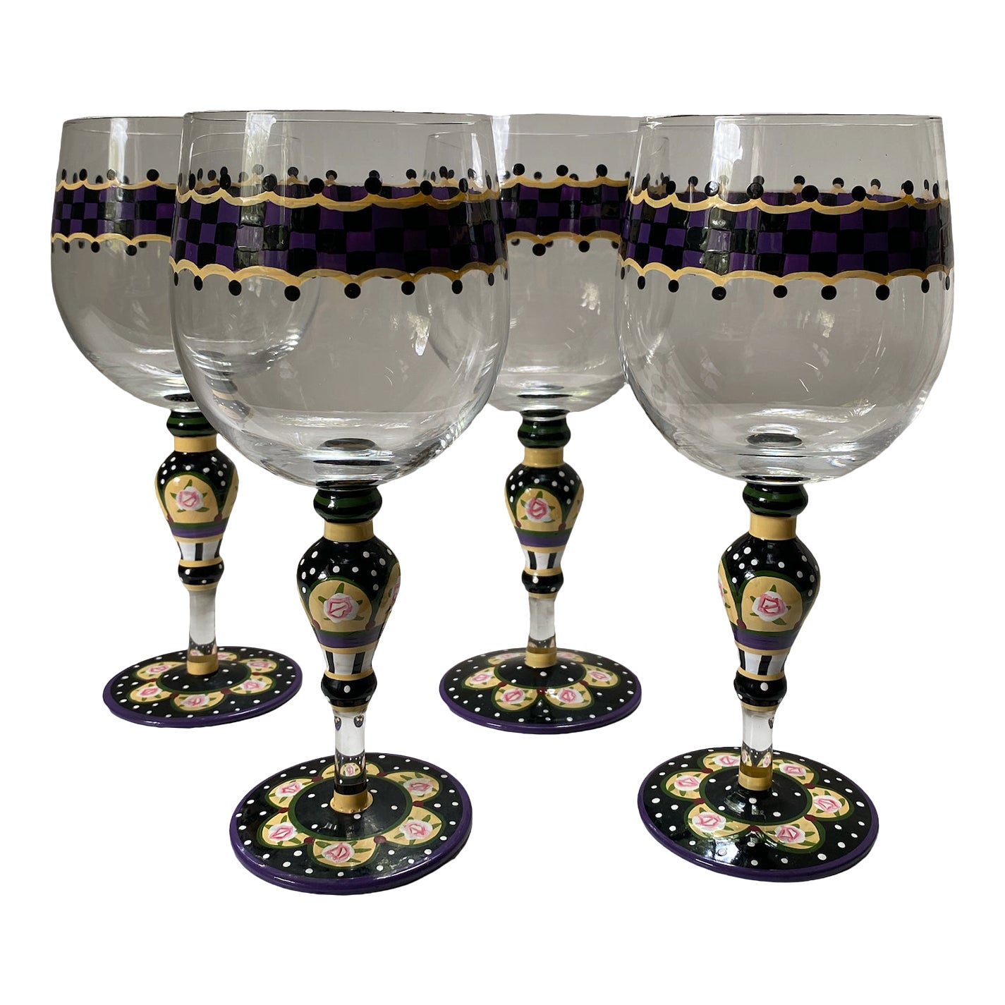 Large 1990s MackenzieChilds Hand Painted Checkerboard and Cabbage Rose