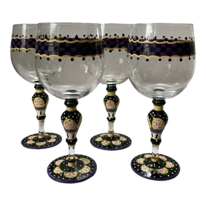 Large 1990s Mackenzie-Childs Style Hand Painted Checkerboard and Cabbage Rose - Set of 4