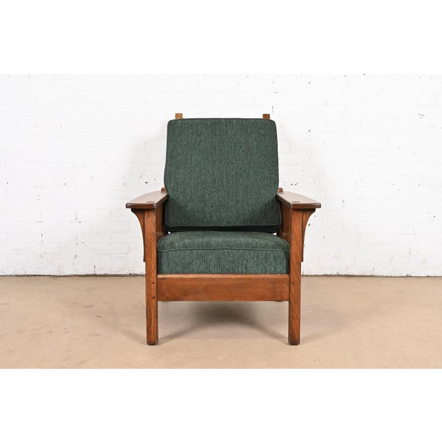 Mission L. & J. G. Stickley Antique Mission Oak Arts & Crafts Reclining Morris Lounge Chair, Newly Refinished For Sale - Image 3 of 11