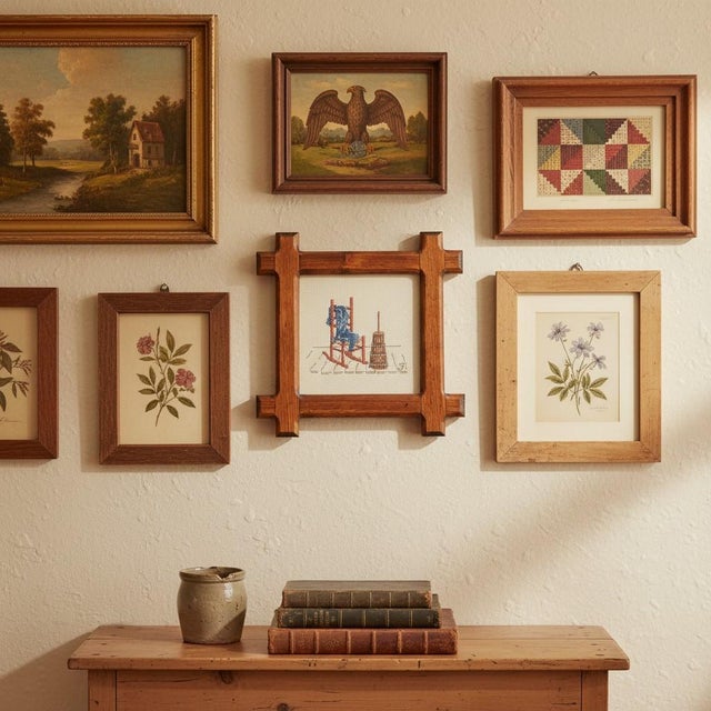 Vintage 1982 Cross Stitch Rocking Chair-Americana-Folk Art-Rustic Wood Frame For Sale - Image 10 of 10
