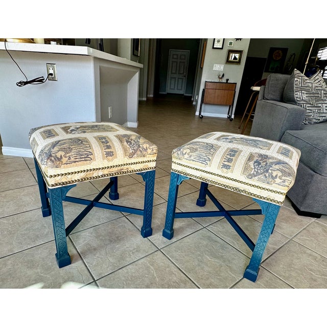 Pair Painted Chinese Chippendale Style Benches Chinoiserie Tapestry Upholstery For Sale - Image 18 of 18