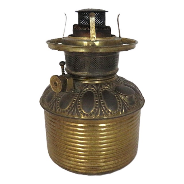 Late 19th Century Victorian Royal Brass Oil Kerosene Lamp Font Part W/ Burner and Shade Ring For Sale