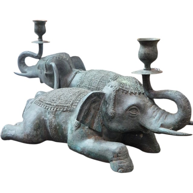 1960s 1960s Large Pair Asian Bronze Recumbent Processional Elephant Candlesticks For Sale - Image 5 of 6