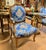 French Louis XV Armchair – Blue Floral Damask Upholstery With Gilded Wood Frame For Sale - Image 4 of 4