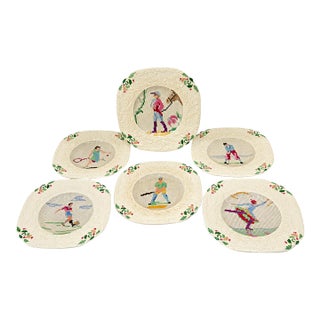 English Mason’s Ironstone Sampler Needlepoint Sporting Plates With Embossed Floral Borders, Set of 6, Circa 1930 For Sale