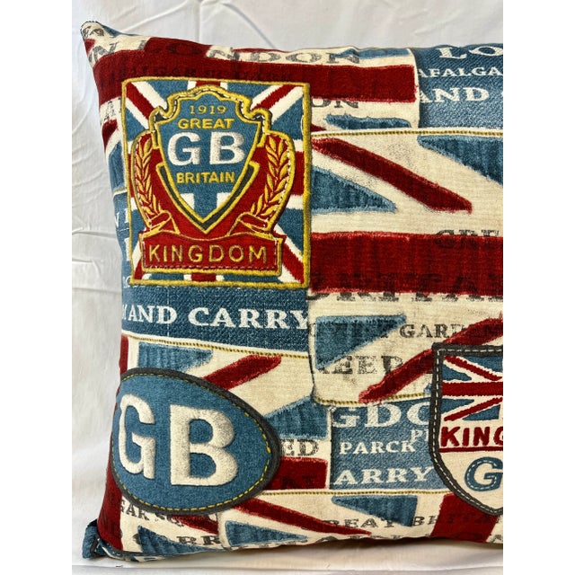 20" Square Decorative Throw Pillow Decorated With Various Great Britain Insignia, Crests and Union Jack Symbols - Made in the U K For Sale - Image 4 of 11