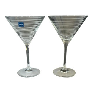 Pair of Vintage Mikasa Cheers Etched Ring Glass Martini Cocktail Glasses Horizontal Pattern Modernist Barware For Sale