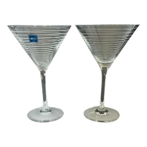 Pair of Vintage Mikasa Cheers Etched Ring Glass Martini Cocktail Glasses Horizontal Pattern | Modernist Barware