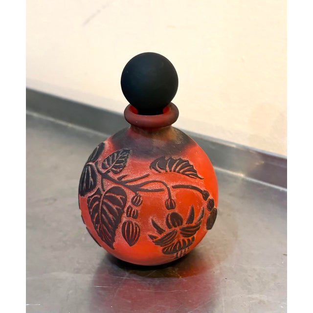 Galle' style art deco black/red satin cameo glass perfume bottle. Excellent condition.
