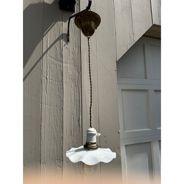 1920s Vintage Knob and Tube Hanging Fixture With Vintage Ruffled Shade For Sale - Image 5 of 7