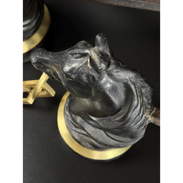 Metal French Horse Head Andirons in Brass and Iron, 1950s, Set of 2 For Sale - Image 7 of 17