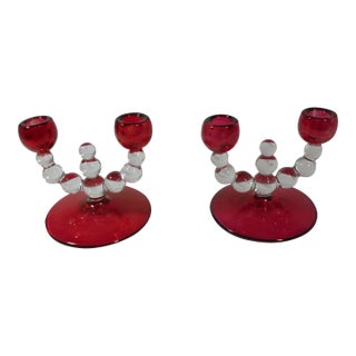 1920s Art Deco Ruby Flash Bubble Candle Holders, Pair For Sale