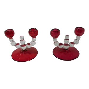 1920s Art Deco Ruby Flash Bubble Candle Holders, Pair
