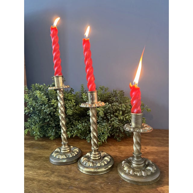 Set of 3 Antique Brass Candle Holder For Sale - Image 11 of 12