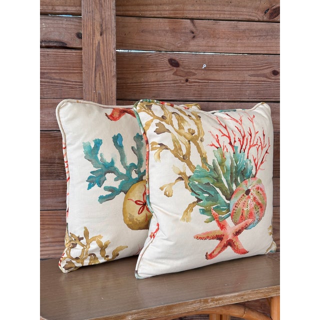 Coastal Sealife Watercolor Self Welt Down Insert Pillows-Pair For Sale - Image 9 of 10
