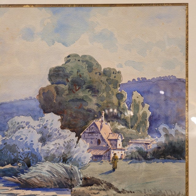 French Artist, Landscape in Blue, 1980s, Watercolor For Sale - Image 5 of 16