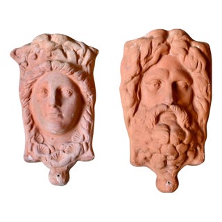Bohemian Country Chic Terracotta Wall Planters with Patinated Divine Faces, Set of 2 For Sale