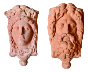 Bohemian Country Chic Terracotta Wall Planters with Patinated Divine Faces, Set of 2