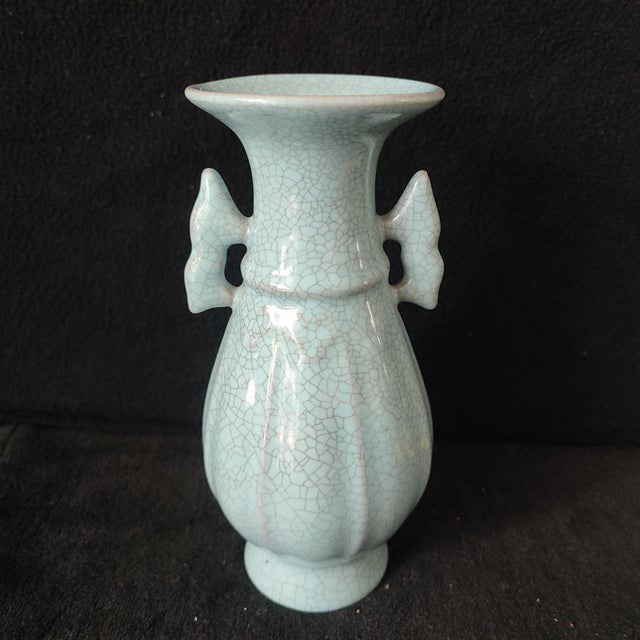 Art Deco Chinese Ceramic Vase,Guan Ware Crackle Glaze Celadon Porcelain Double Ears Vase For Sale - Image 3 of 9