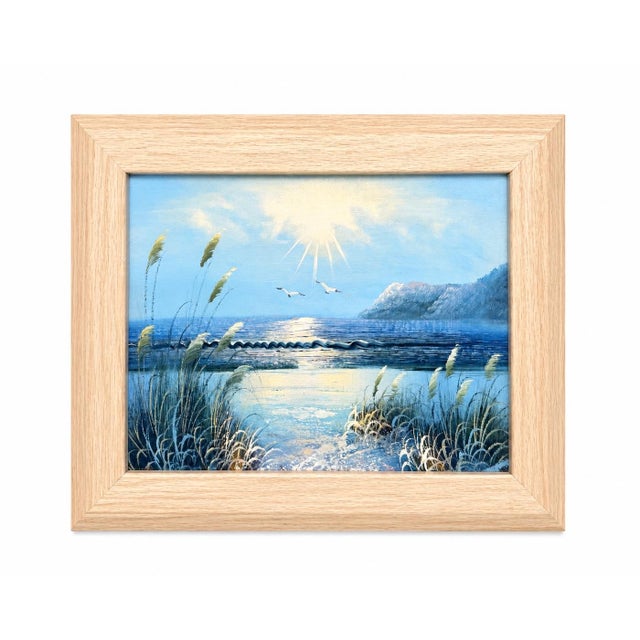Vintage Coastal Seascape Oil Paintings - Framed Ocean Sunrise & Seaside Art Signed by Davis - Set of 2 For Sale - Image 4 of 8
