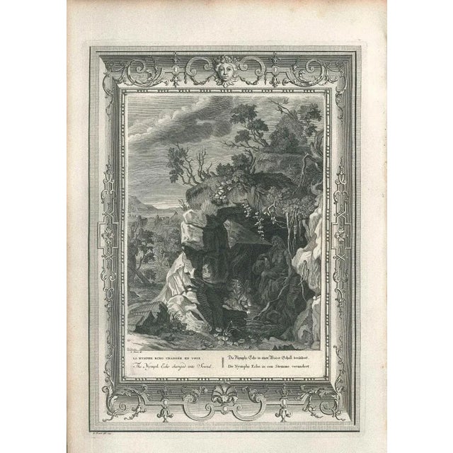 Black and white etching on wire rod paper, representing the Greek myth of the nymph Echo. Wonderful plate with fresh...