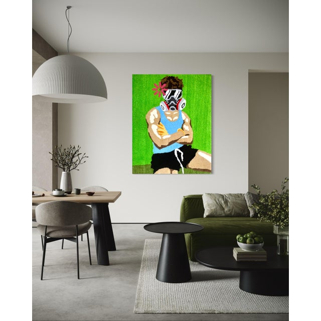 Cedric Vu "Do You Smell Fumes?" Tufted Yarn Work, Gas Mask Figure, Electric Green, Contemporary California Textile Art, Pop Art, 2025 For Sale In San Francisco - Image 6 of 8