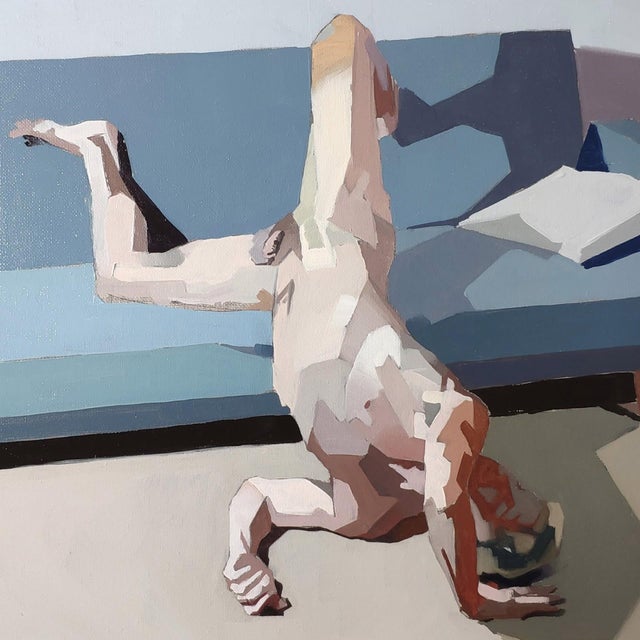 This oil on canvas artwork presents a figure in a dynamic, inverted pose atop a modern blue sofa, creating a striking...