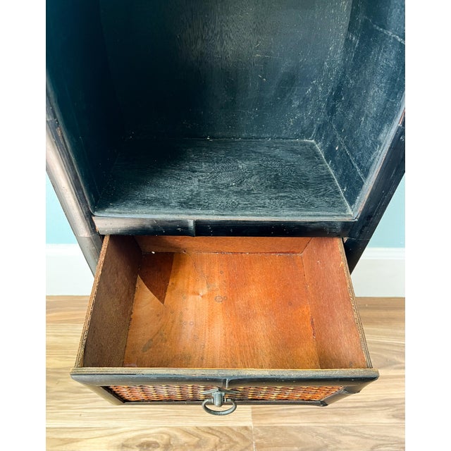 Vintage Ebonized Black Bamboo & Woven Rattan Two-Drawer Cabinet – Chinoiserie / British Colonial For Sale - Image 12 of 13