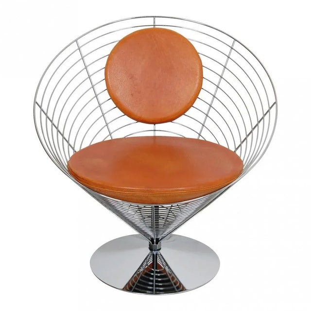 Fritz Hansen Wire Cone Chair Set with Brown Patinated Leather by Verner Panton for Fritz Hansen, 1980s, Set of 3 For Sale - Image 4 of 8