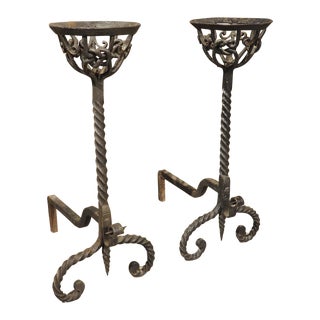 18th Century French Wrought Iron Chenets With Richly Worked Knot Patterns For Sale