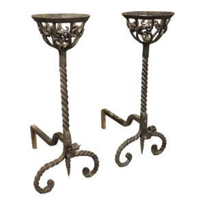 18th Century French Wrought Iron Chenets With Richly Worked Knot Patterns
