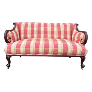 Camelback Settee With Red Plaid Upholstery For Sale