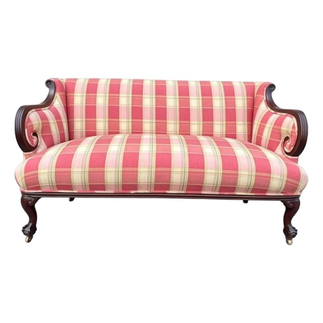 Camelback Settee With Red Plaid Upholstery For Sale