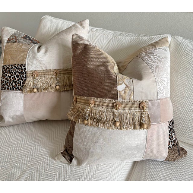 2020s Lux Patchwork With Fringe Pillows - 18" X 18" Sold as a Pair For Sale - Image 5 of 9