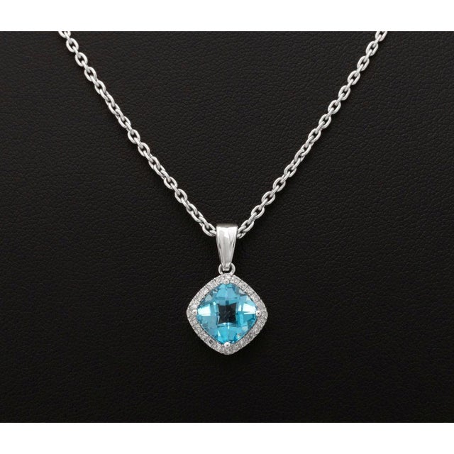 Contemporary 14k White Gold Blue Topaz Diamond Pendant Necklace For Sale - Image 3 of 8