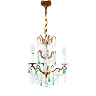 Antique French Chandelier with Bronze Drops and Green Crystal, 1960s For Sale