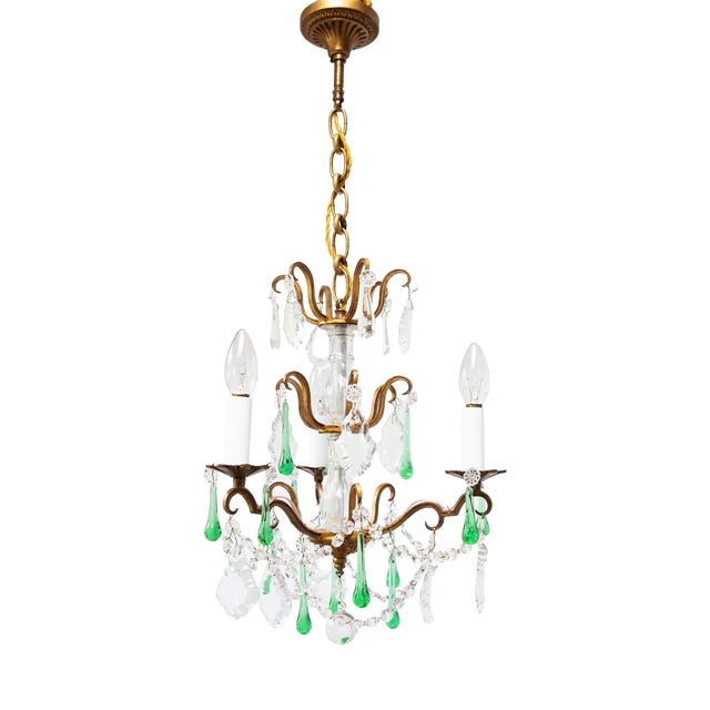 Antique French Chandelier with Bronze Drops and Green Crystal, 1960s For Sale