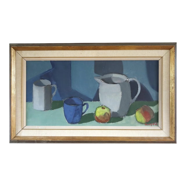 Mid-Century Modern 'Still Life With Blue Cup' Vintage Swedish Original Still Life Oil Painting, Framed For Sale