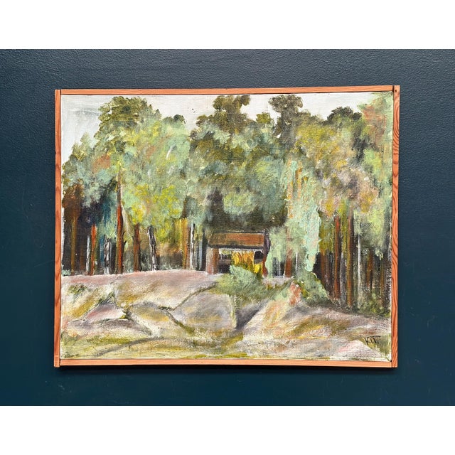 Original swedish oil on canvas – “stuga i skogsbrynet” by kit – signed – vintage & framed – 68 × 55 cm (26.8" × 21.7")...