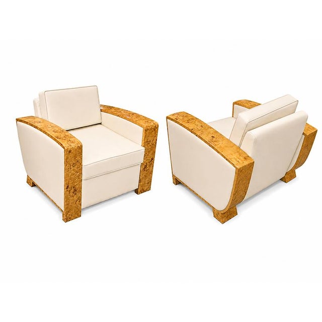 Wood Art Deco Armchairs in Briar Root and Ivory Leather, 1950s, Set of 2 For Sale - Image 7 of 7