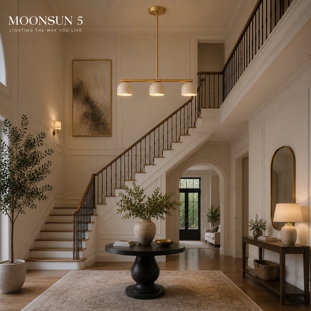 Modern Linear Chandelier 3 Light, Matte Off White Dome Pendant Light Brass Dining Room Fixture, Kitchen Island Lighting, Minimalist Light For Sale - Image 14 of 16